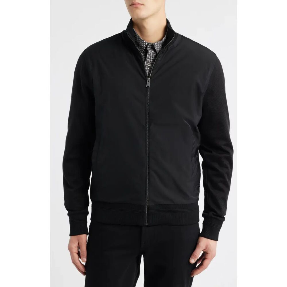 BOSS Mens Shepherd Mixed Media Full Zip Sweatshirt Jacket Black L Flawed As Is